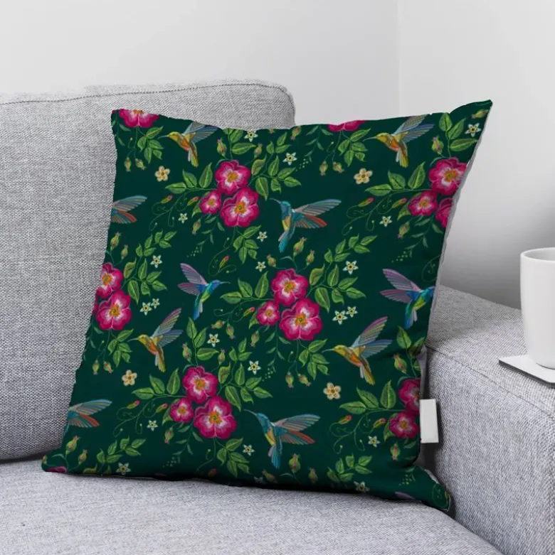 Colibri et fleur effet brodé - Fond vert forêt