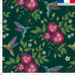 Colibri et fleur effet brodé - Fond vert forêt
