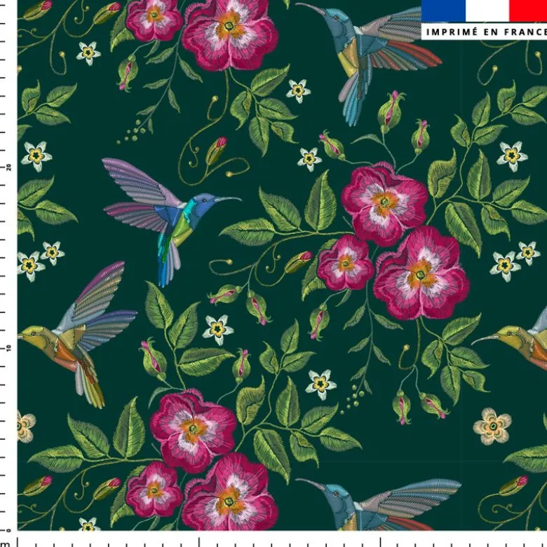 Colibri et fleur effet brodé - Fond vert forêt