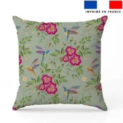 Colibri et fleur effet brodé - Fond vert sauge