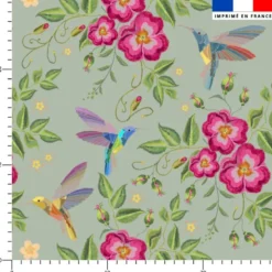 Colibri et fleur effet brodé - Fond vert sauge
