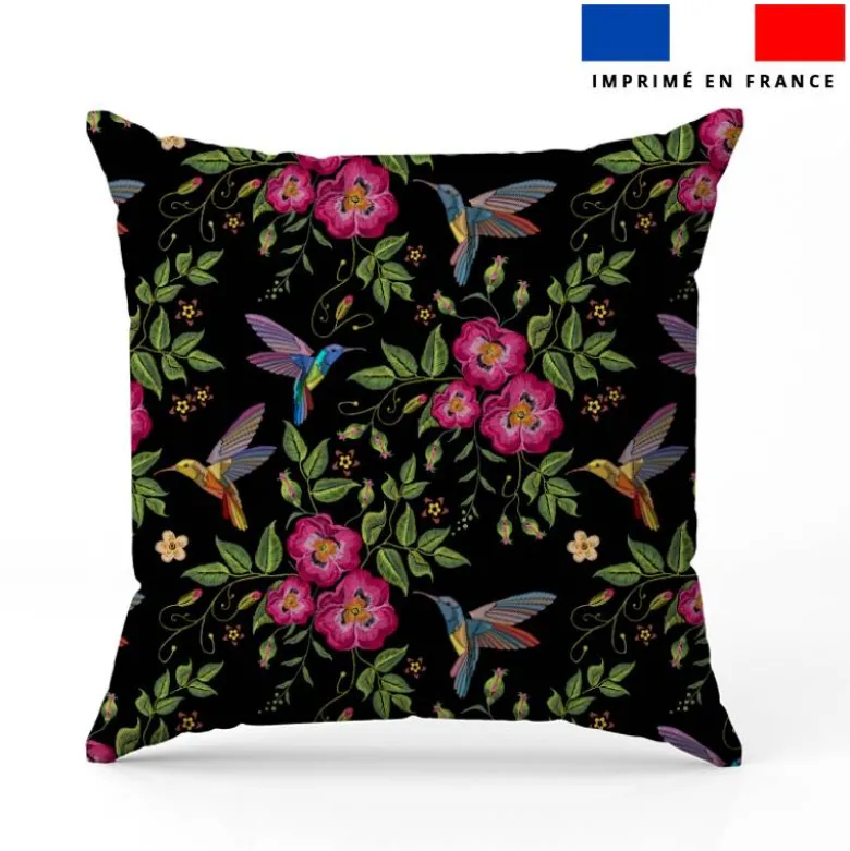 Colibri et fleur effet brodé - Fond noir