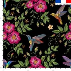 Colibri et fleur effet brodé - Fond noir
