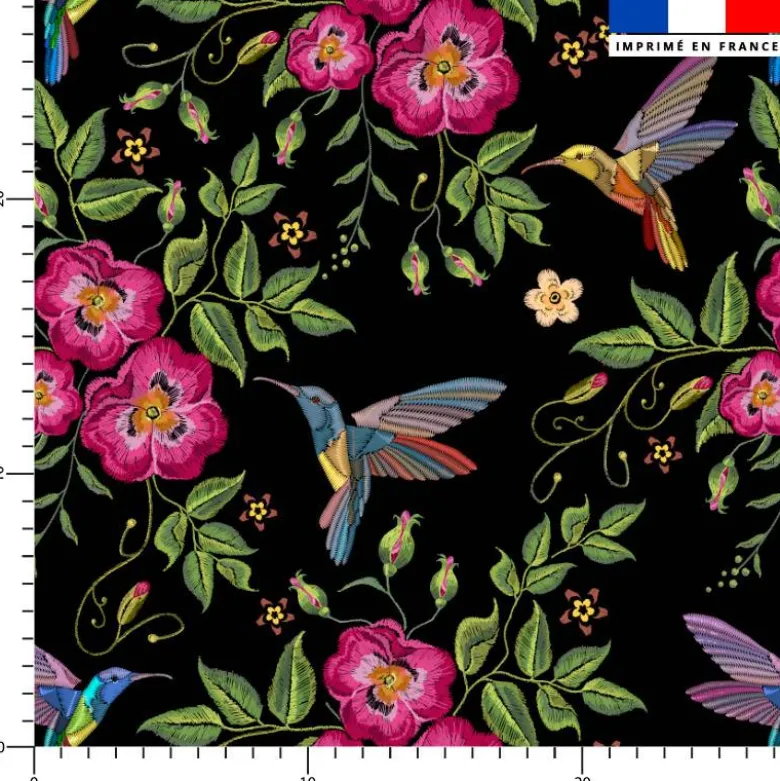 Colibri et fleur effet brodé - Fond noir