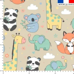 Coton beige motif animaux kawaii pastel