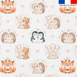 Coton blanc motif animaux amoureux