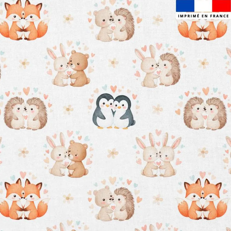 Coton blanc motif animaux amoureux