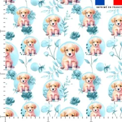 Coton blanc motif labrador fleurs et arrondis aquarelle