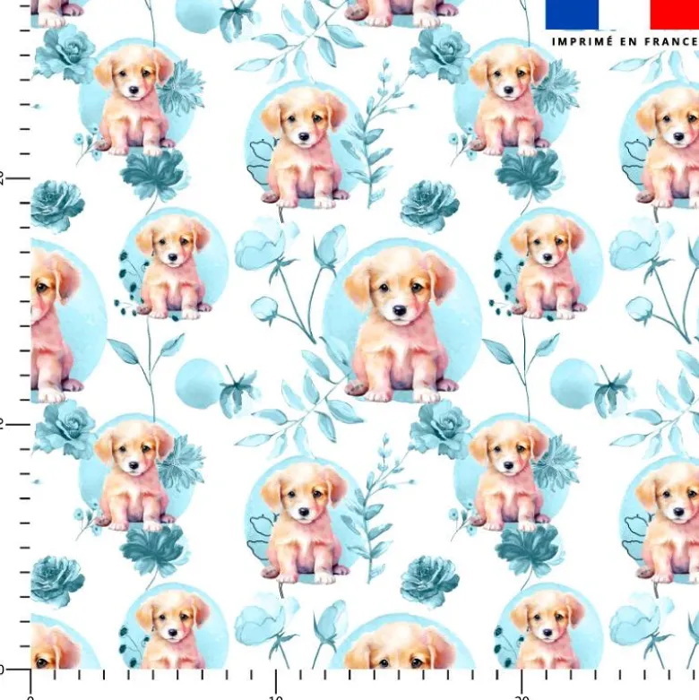 Coton blanc motif labrador fleurs et arrondis aquarelle