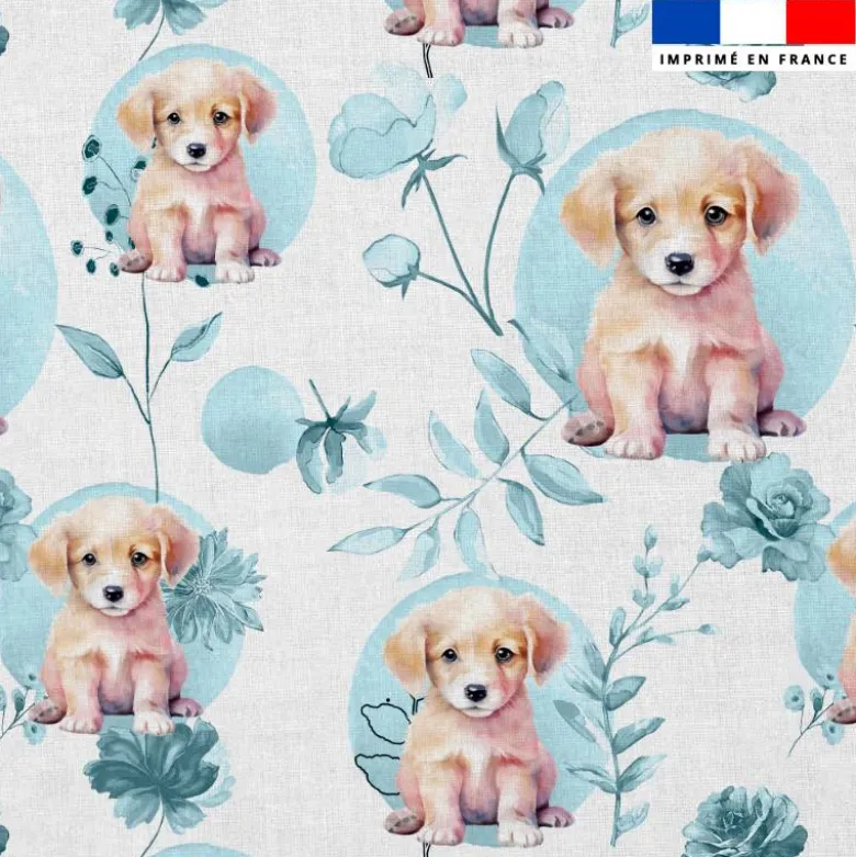 Coton blanc motif labrador fleurs et arrondis aquarelle