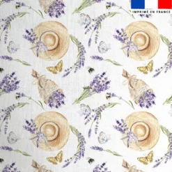 Coton blanc motif lavande et chapeau de paille