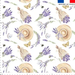 Coton blanc motif lavande et chapeau de paille
