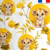 Coton blanc motif lionceau fleurs et arrondis aquarelle
