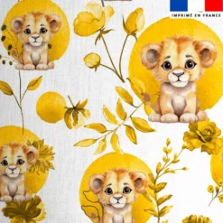 Coton blanc motif lionceau fleurs et arrondis aquarelle