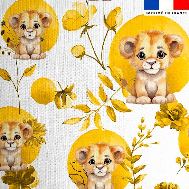 Coton blanc motif lionceau fleurs et arrondis aquarelle