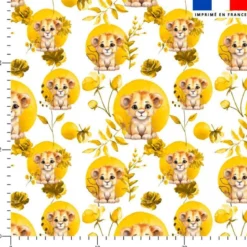 Coton blanc motif lionceau fleurs et arrondis aquarelle
