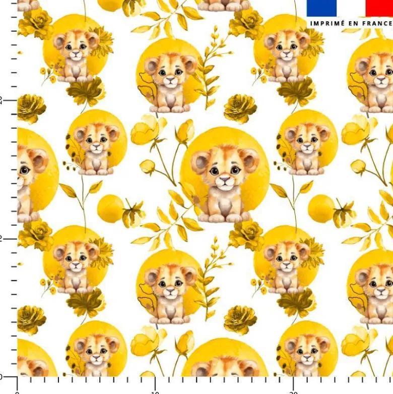 Coton blanc motif lionceau fleurs et arrondis aquarelle