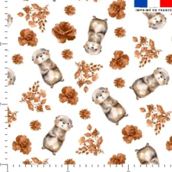 Coton blanc motif loutre et rose aquarelle marron