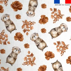 Coton blanc motif loutre et rose aquarelle marron