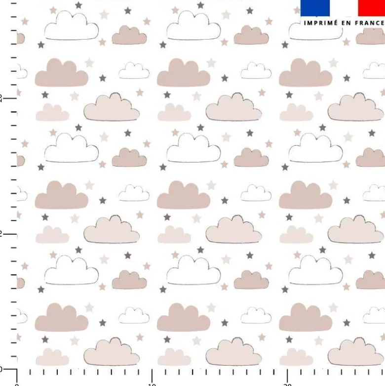 Coton blanc motif nuages et étoiles taupes