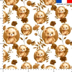 Coton blanc motif ourson fleurs et arrondis aquarelle