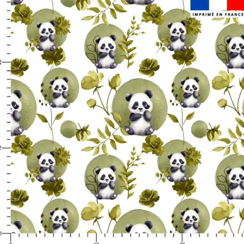Coton blanc motif panda fleurs et arrondis aquarelle