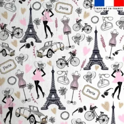 Coton blanc motif Paris rose et gold