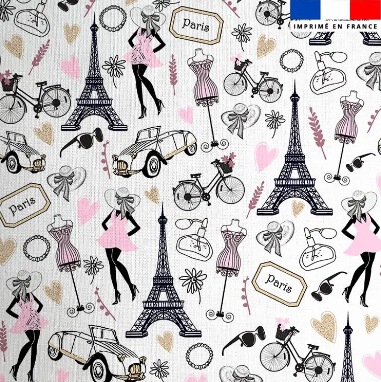 Coton blanc motif Paris rose et gold
