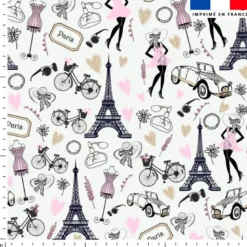 Coton blanc motif Paris rose et gold