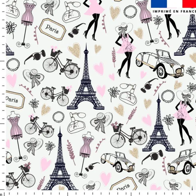 Coton blanc motif Paris rose et gold