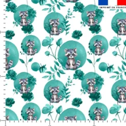 Coton blanc motif raton laveur fleurs et arrondis aquarelle