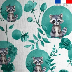 Coton blanc motif raton laveur fleurs et arrondis aquarelle