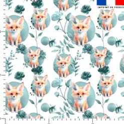 Coton blanc motif renard fleurs et arrondis aquarelle