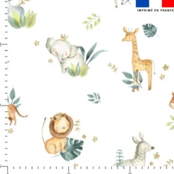 Coton blanc motif safari animaux aquarelle