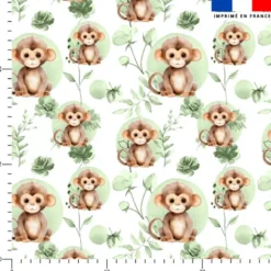 Coton blanc motif singe fleurs et arrondis aquarelle