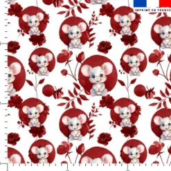 Coton blanc motif souris fleurs et arrondis aquarelle