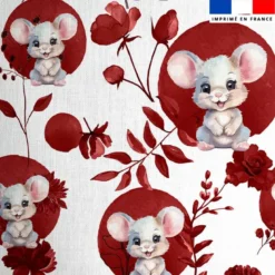 Coton blanc motif souris fleurs et arrondis aquarelle