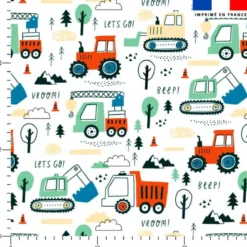 Coton blanc motif tracteur rouge et vert