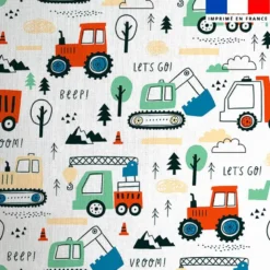 Coton blanc motif tracteur rouge et vert