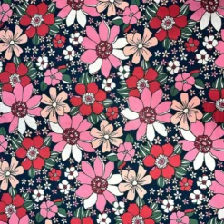 Coton bleu canard motif fleurs roses et magenta