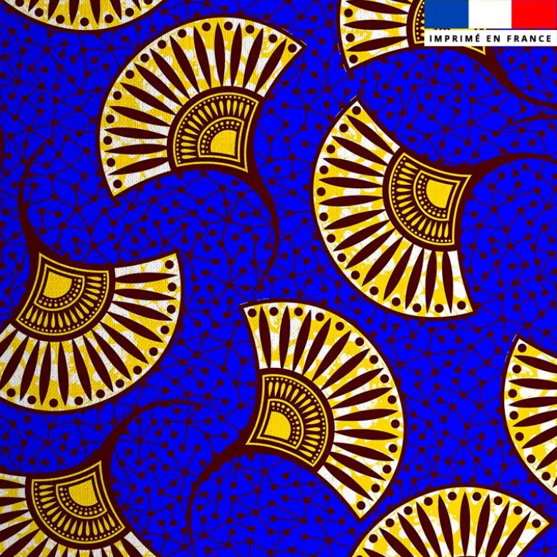 Coton bleu motif fleur wax jaune