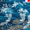 Coton bleu motif grue et vague déchainée