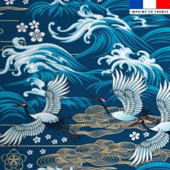 Coton bleu motif grue et vague déchainée