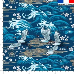 Coton bleu motif grue et vague déchainée