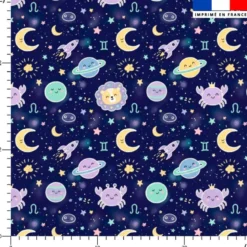 Coton bleu nuit motif astres kawaii