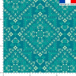 Coton bleu paon motif bandana écru et turquoise