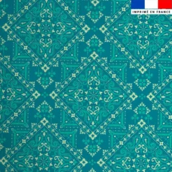 Coton bleu paon motif bandana écru et turquoise