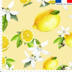 Coton jaune motif citron jaune et fleur de citronnier