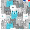 Coton motif chat souriant gris et bleu