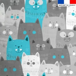 Coton motif chat souriant gris et bleu